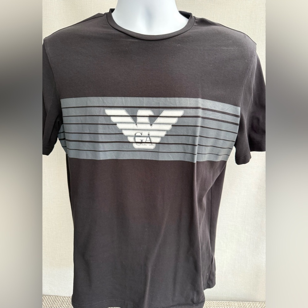 Emporio Armani Black T‑Shirt with Gray Stripe and GA Eagle Logo